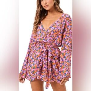 L*Space Kristy Colorful Floral Print Long Sleeve V Neck Mini Dress Sz. L NWT!